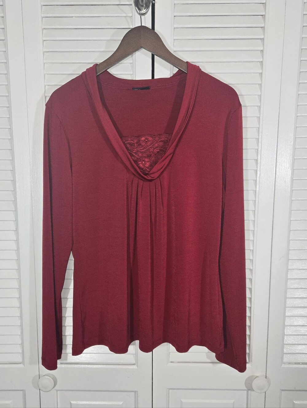 East 5th Berry Red Long Sleeve Cowl Draped Lace Insert Knit Pullover Blouse XL